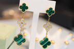 ??MIRA?¡¥CLOVER EARRINGS GOLD MALACHITE DIAMOND 3 MOTIF