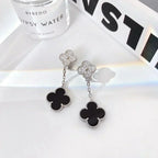 ??MIRA?¡¥CLOVER 2 MOTIFS  DIAMOND ONYX EARRINGS SILVER