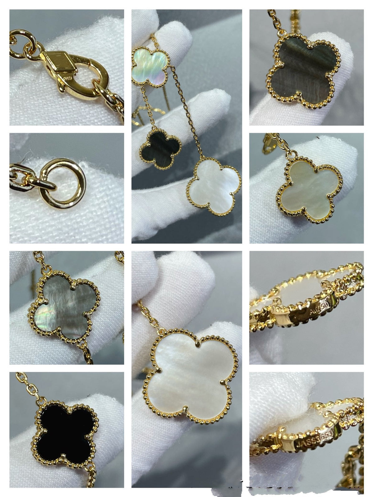 ??MIRA?¡¥CLOVER 6 MOTIF MOP ONYX GOLD NECKLACE