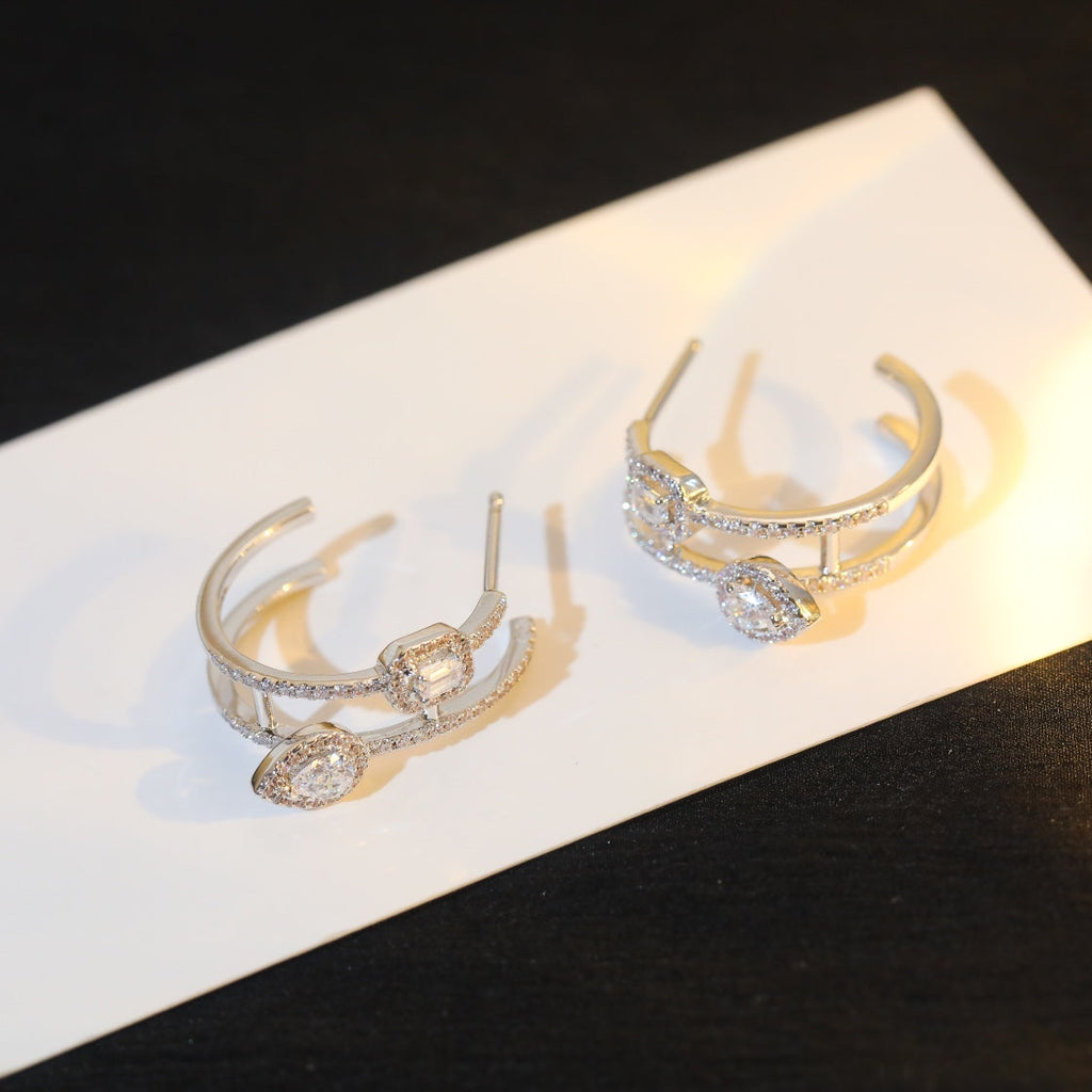 [MIRA] CREOLES MY TWIN 2 RANGS SILVER DIAMOND EARRINGS