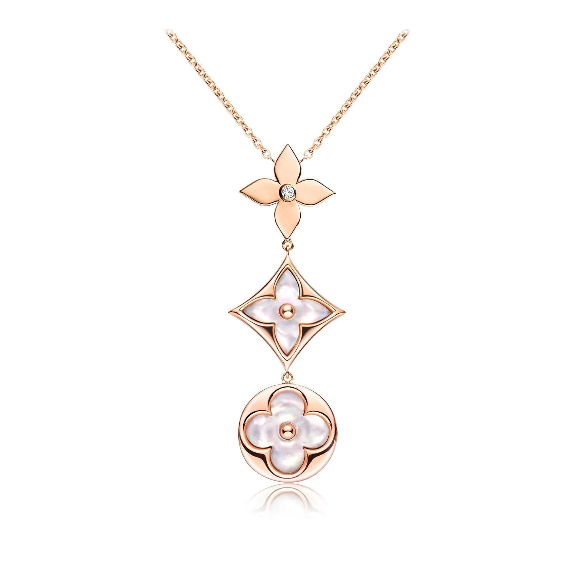 ??MIRA?¡¥COLOR BLOSSOM LARIAT NECKLACE PINK GOLD WHITE MOTHER PEARL AND DIAMOND