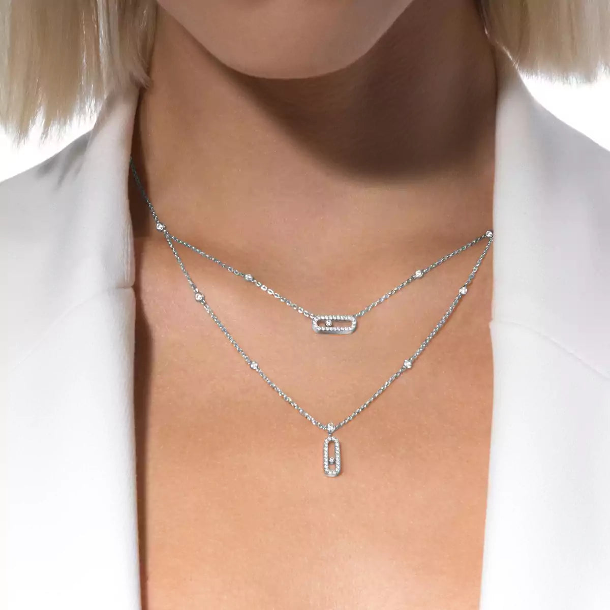 [MIRA]2 Rows Rose Gold Diamond Pave_ Necklace Move Uno