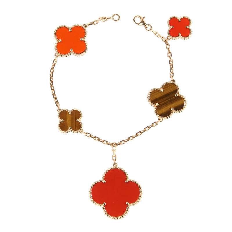 ??MIRA?¡¥CLOVER BRACELET 5 MOTIFS CARNELIAN TIGER EYE